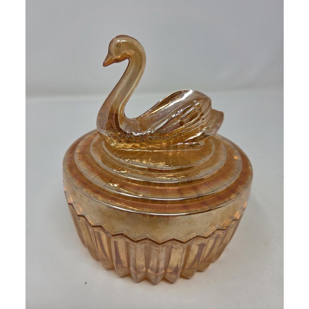 Vintage Peach Carnival Glass Swan Covered Trinket Box | Iridescent Jewelry Box